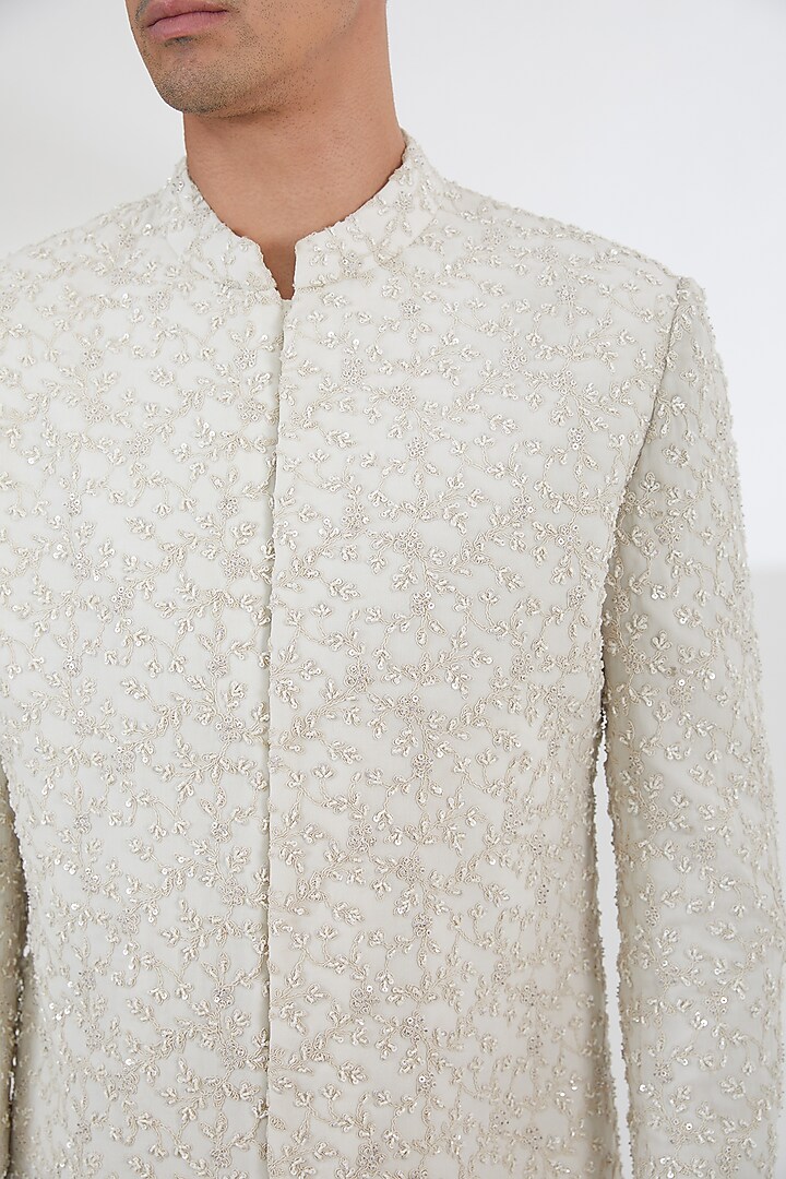 Ivory Georgette Sequins & Pearl hand Embroidered Groom Sherwani Set by Dev Kumar at Pernia's Pop Up Shop