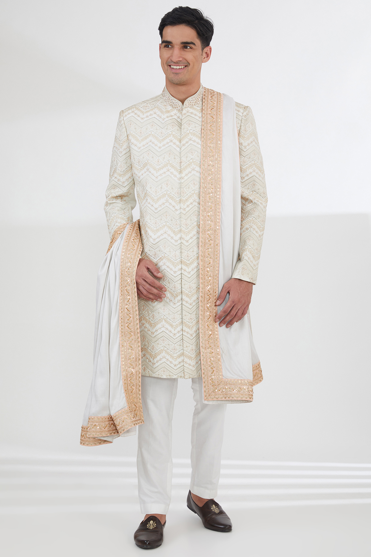 Ivory Raw Silk Pearl & Resham Embroidered Groom Sherwani Set by Dev Kumar at Pernia's Pop Up Shop
