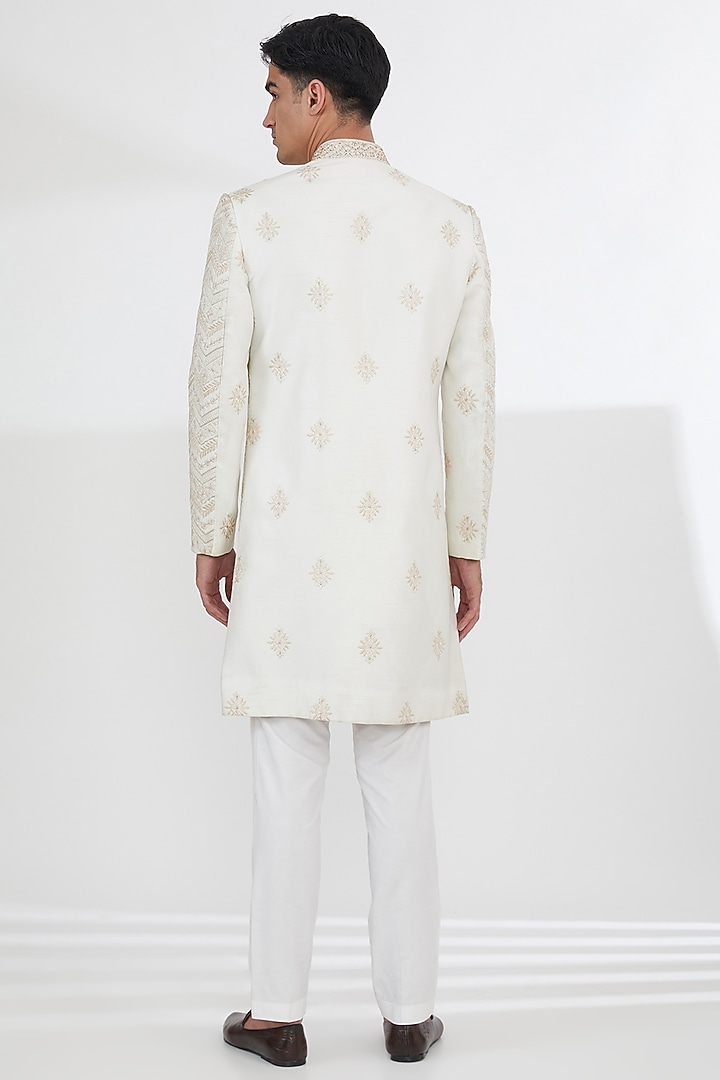 Ivory Raw Silk Pearl & Resham Embroidered Groom Sherwani Set by Dev Kumar at Pernia's Pop Up Shop