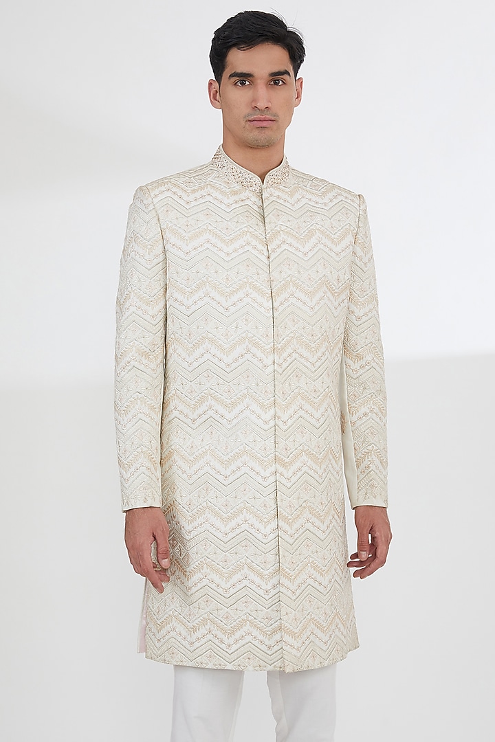 Ivory Raw Silk Pearl & Resham Embroidered Groom Sherwani Set by Dev Kumar at Pernia's Pop Up Shop