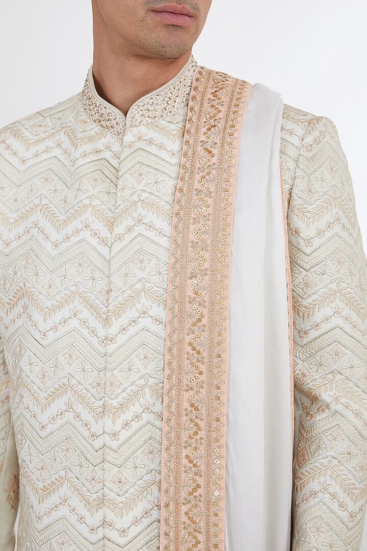 Ivory Raw Silk Pearl & Resham Embroidered Groom Sherwani Set by Dev Kumar at Pernia's Pop Up Shop
