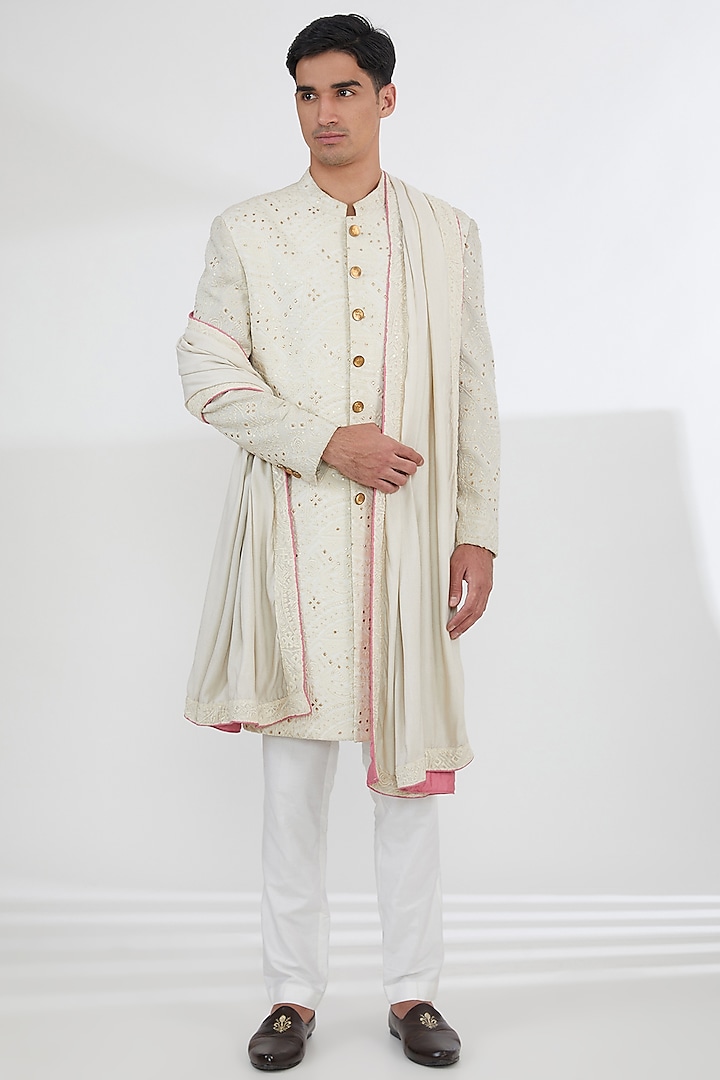 Ivory Georgette Sequins & Chikankari Embroidered Sherwani Set by Dev Kumar