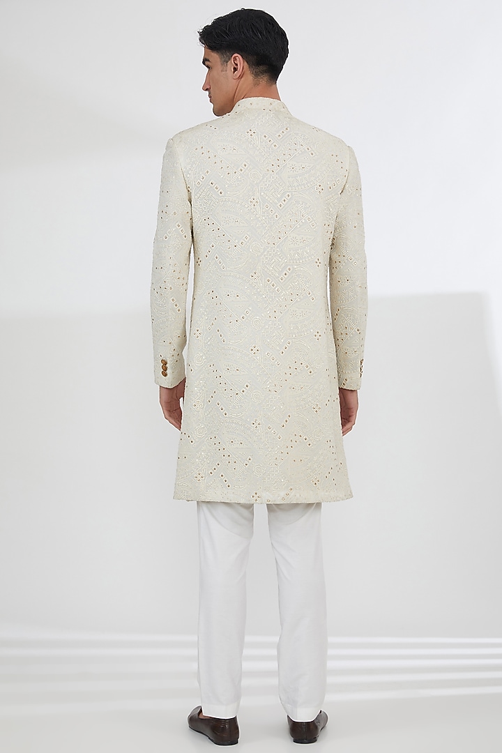 Ivory Georgette Sequins & Chikankari Embroidered Groom Sherwani Set by Dev Kumar at Pernia's Pop Up Shop