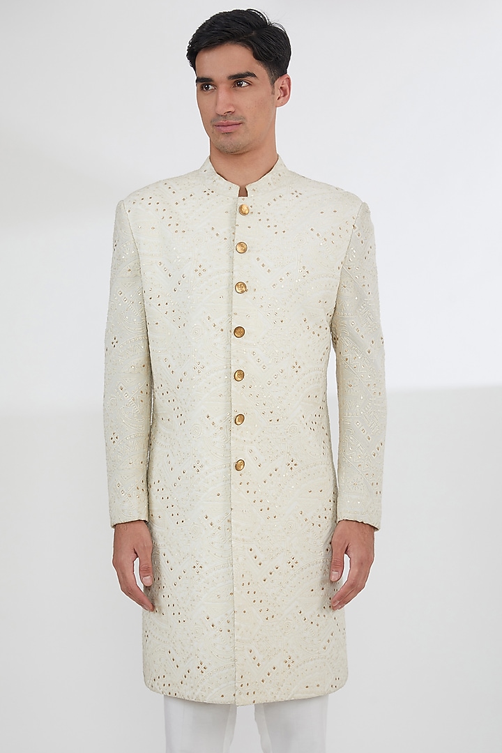 Ivory Georgette Sequins & Chikankari Embroidered Groom Sherwani Set by Dev Kumar at Pernia's Pop Up Shop