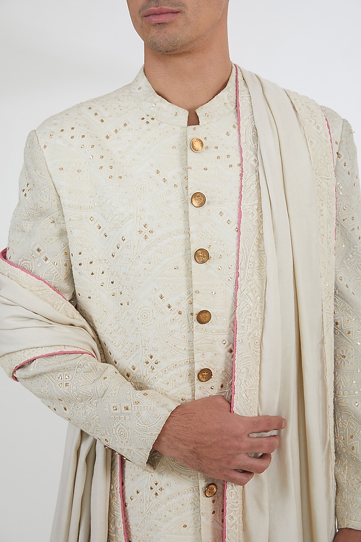 Ivory Georgette Sequins & Chikankari Embroidered Groom Sherwani Set by Dev Kumar at Pernia's Pop Up Shop