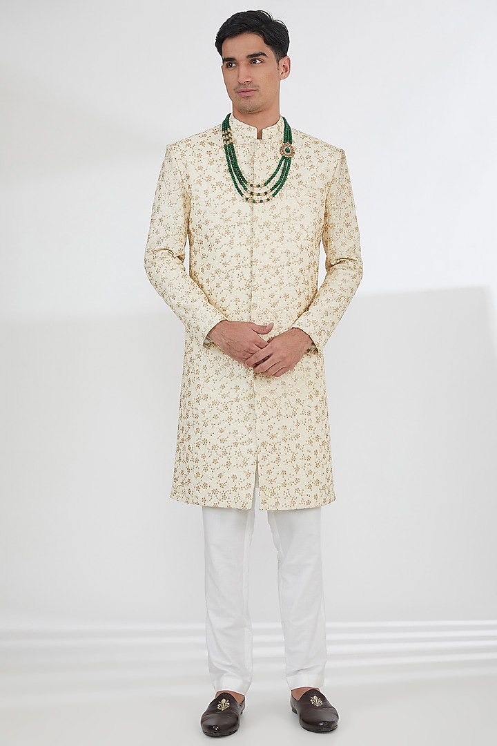 Beige Raw Silk Sequins & Resham Embroidered Groom Sherwani Set by Dev Kumar at Pernia's Pop Up Shop