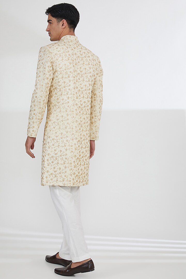 Beige Raw Silk Sequins & Resham Embroidered Groom Sherwani Set by Dev Kumar at Pernia's Pop Up Shop