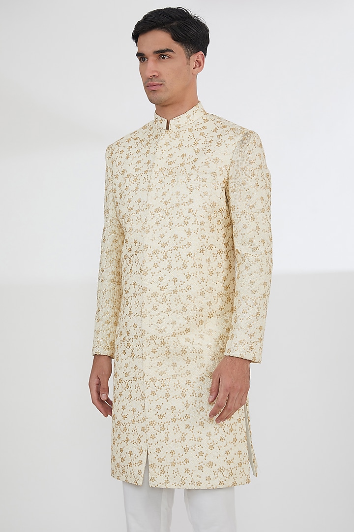 Beige Raw Silk Sequins & Resham Embroidered Groom Sherwani Set by Dev Kumar at Pernia's Pop Up Shop