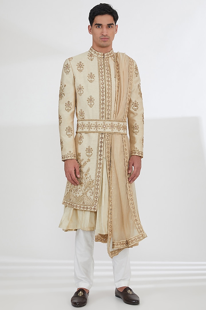 Beige Raw Silk Dabka & Zardosi Embroidered Sherwani Set by Dev Kumar