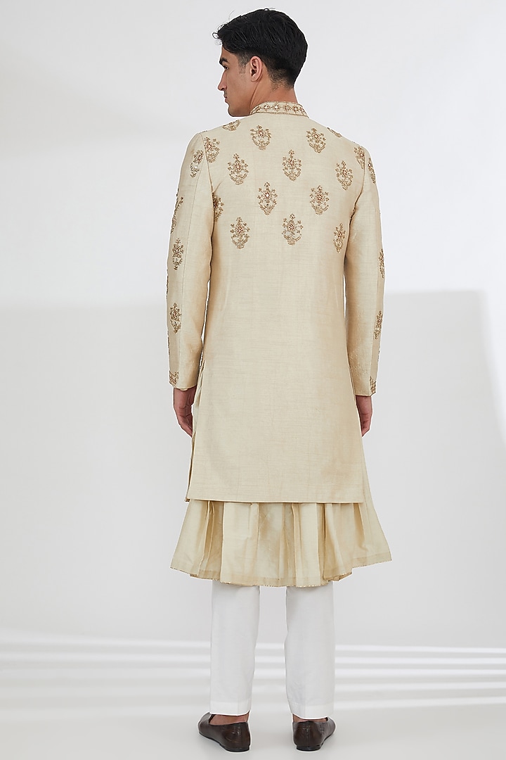 Beige Raw Silk Dabka & Zardosi Embroidered Groom Sherwani Set by Dev Kumar at Pernia's Pop Up Shop