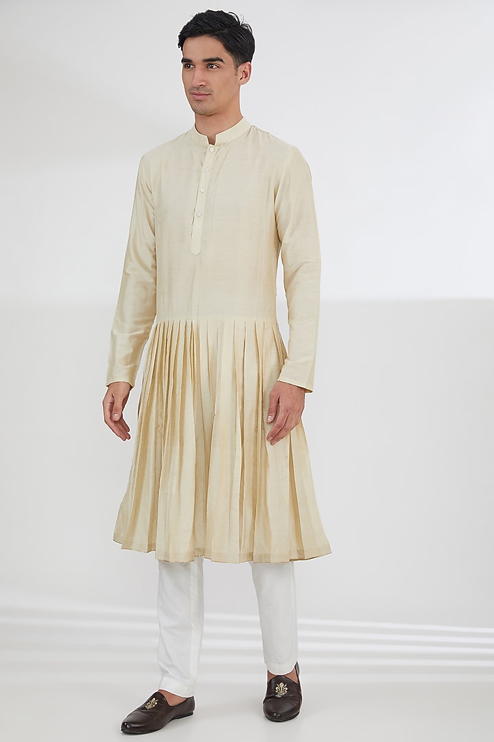 Beige Raw Silk Dabka & Zardosi Embroidered Groom Sherwani Set by Dev Kumar at Pernia's Pop Up Shop
