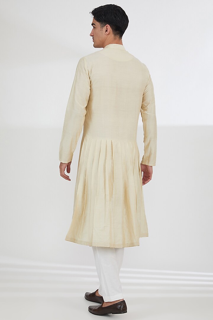 Beige Raw Silk Dabka & Zardosi Embroidered Groom Sherwani Set by Dev Kumar at Pernia's Pop Up Shop