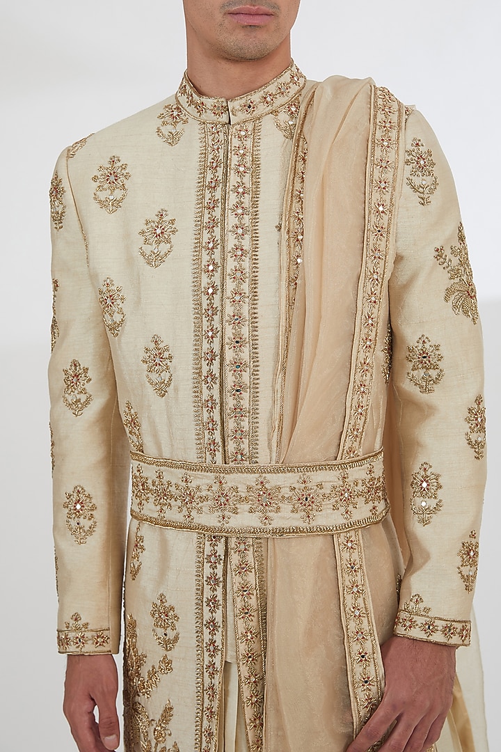 Beige Raw Silk Dabka & Zardosi Embroidered Groom Sherwani Set by Dev Kumar at Pernia's Pop Up Shop
