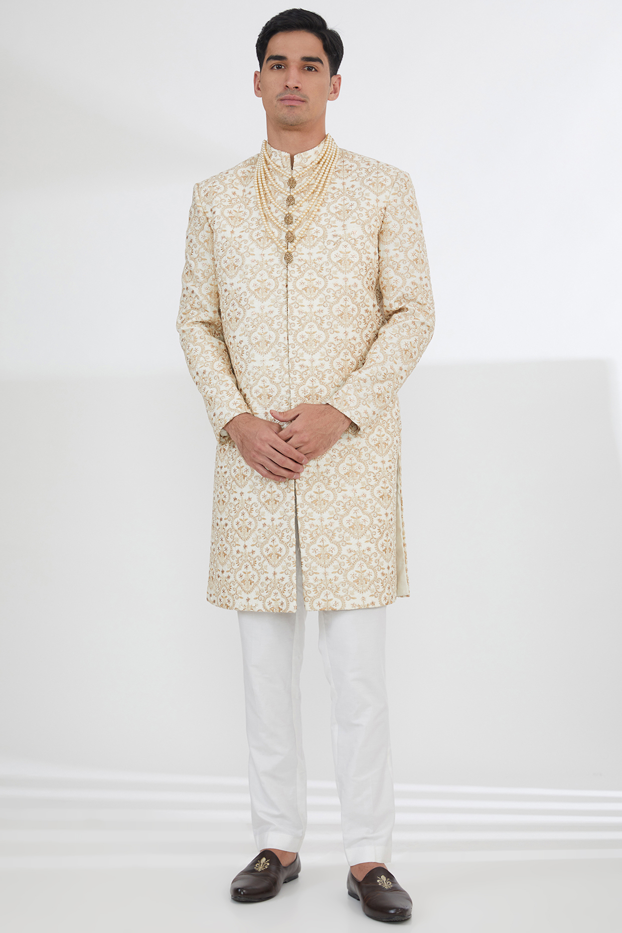 Beige Raw Silk Sequins & Resham Embroidered Groom Sherwani Set by Dev Kumar at Pernia's Pop Up Shop