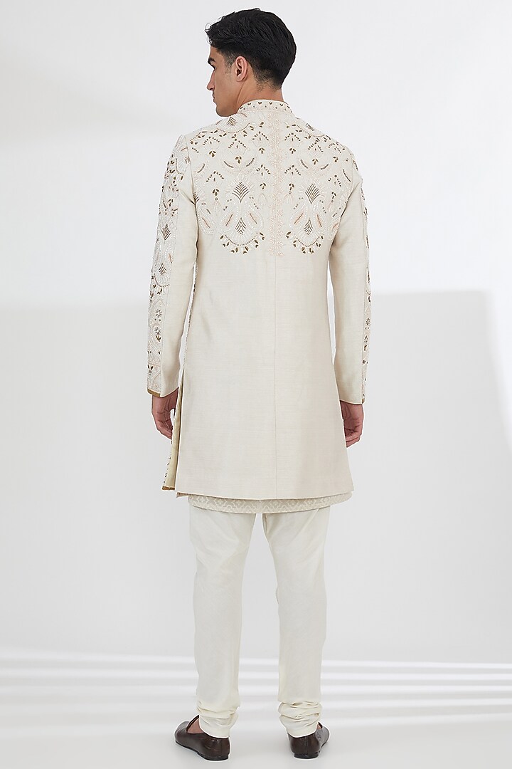 Light Gold Raw Silk Dabka & Zardosi Embroidered Groom Sherwani Set by Dev Kumar at Pernia's Pop Up Shop