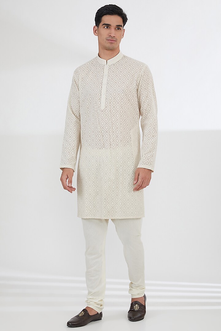 Light Gold Raw Silk Dabka & Zardosi Embroidered Groom Sherwani Set by Dev Kumar at Pernia's Pop Up Shop