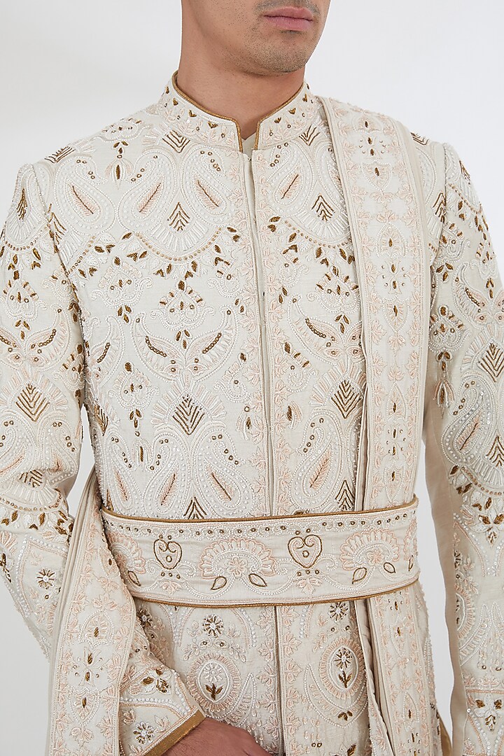 Light Gold Raw Silk Dabka & Zardosi Embroidered Groom Sherwani Set by Dev Kumar at Pernia's Pop Up Shop