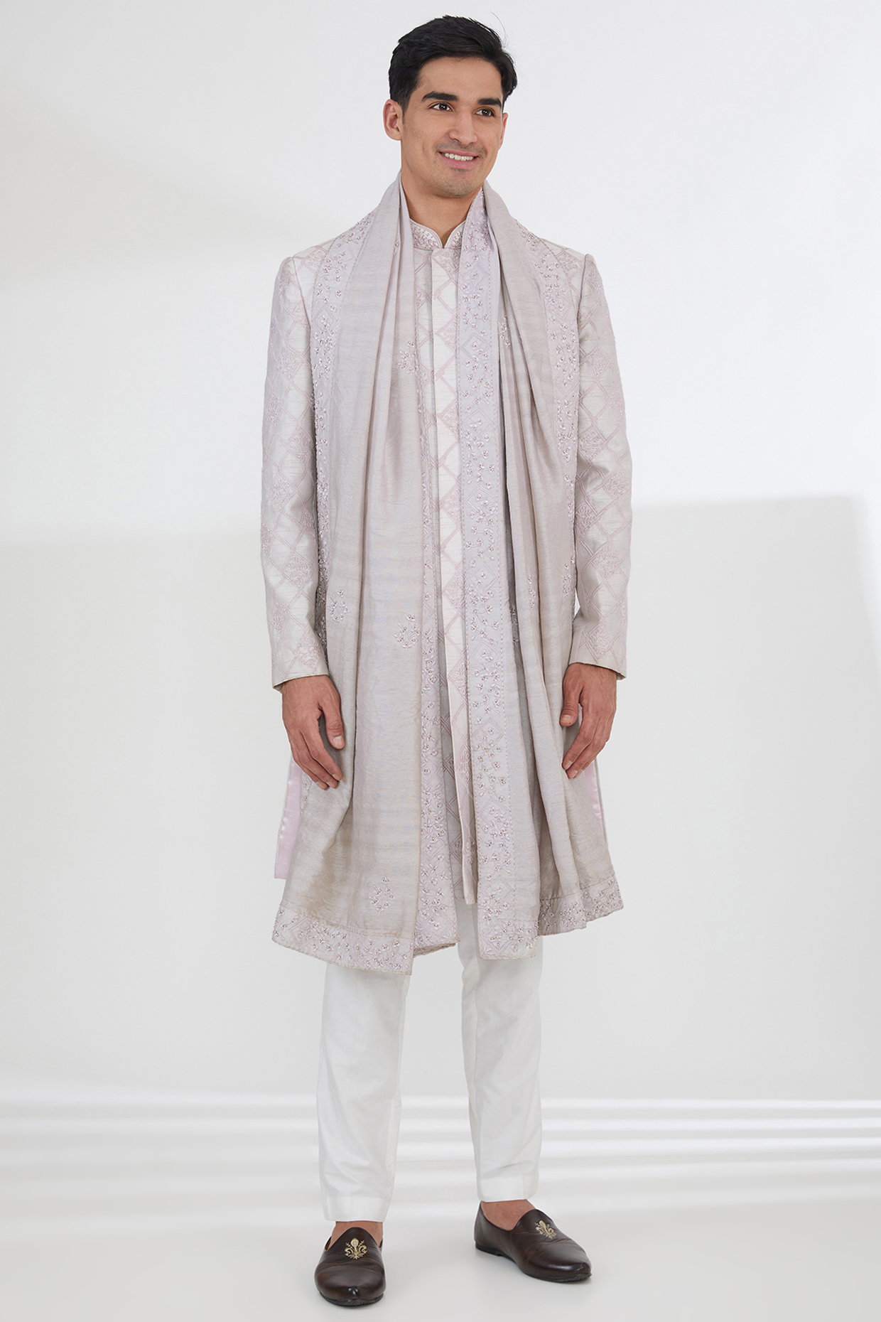 Light Pink Raw Silk Pearl & Resham Embroidered Groom Sherwani Set by Dev Kumar at Pernia's Pop Up Shop