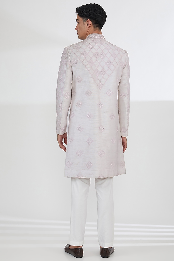 Light Pink Raw Silk Pearl & Resham Embroidered Groom Sherwani Set by Dev Kumar at Pernia's Pop Up Shop