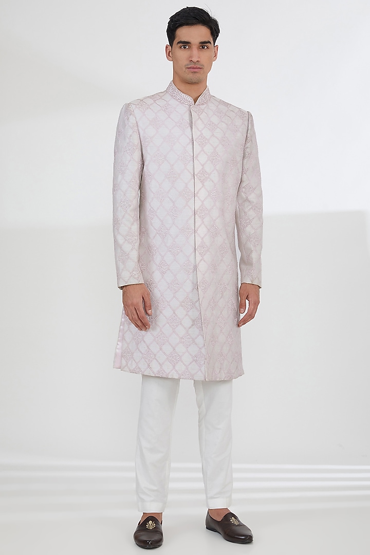 Light Pink Raw Silk Pearl & Resham Embroidered Groom Sherwani Set by Dev Kumar at Pernia's Pop Up Shop