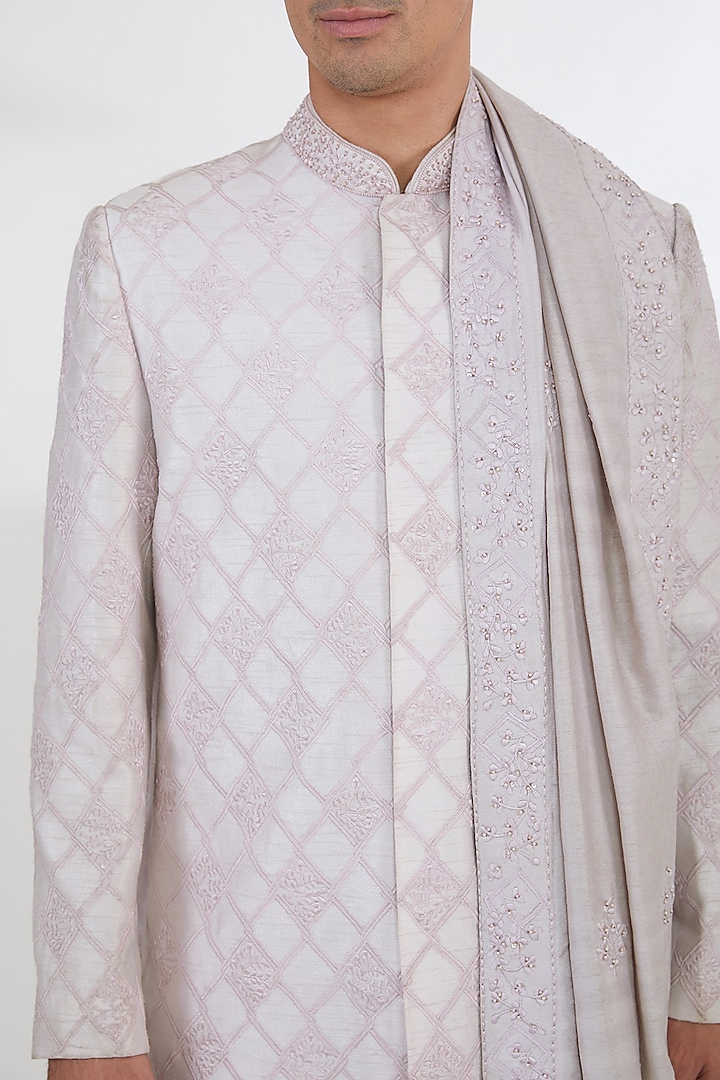 Light Pink Raw Silk Pearl & Resham Embroidered Groom Sherwani Set by Dev Kumar at Pernia's Pop Up Shop