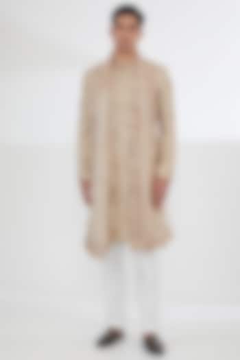 Beige Raw Silk Sequins & Resham Embroidered Groom Sherwani Set by Dev Kumar at Pernia's Pop Up Shop