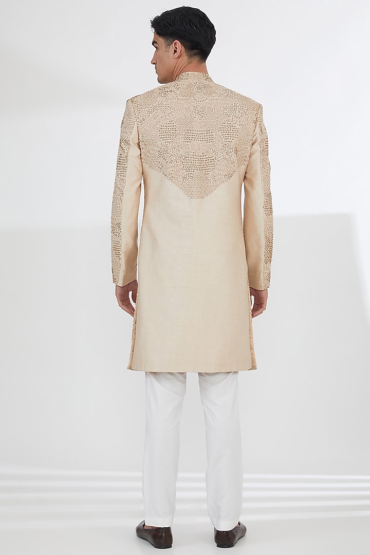 Beige Raw Silk Sequins & Resham Embroidered Groom Sherwani Set by Dev Kumar at Pernia's Pop Up Shop