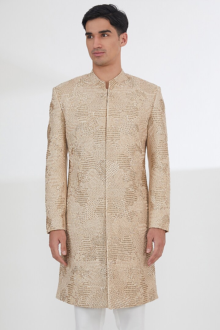 Beige Raw Silk Sequins & Resham Embroidered Groom Sherwani Set by Dev Kumar at Pernia's Pop Up Shop