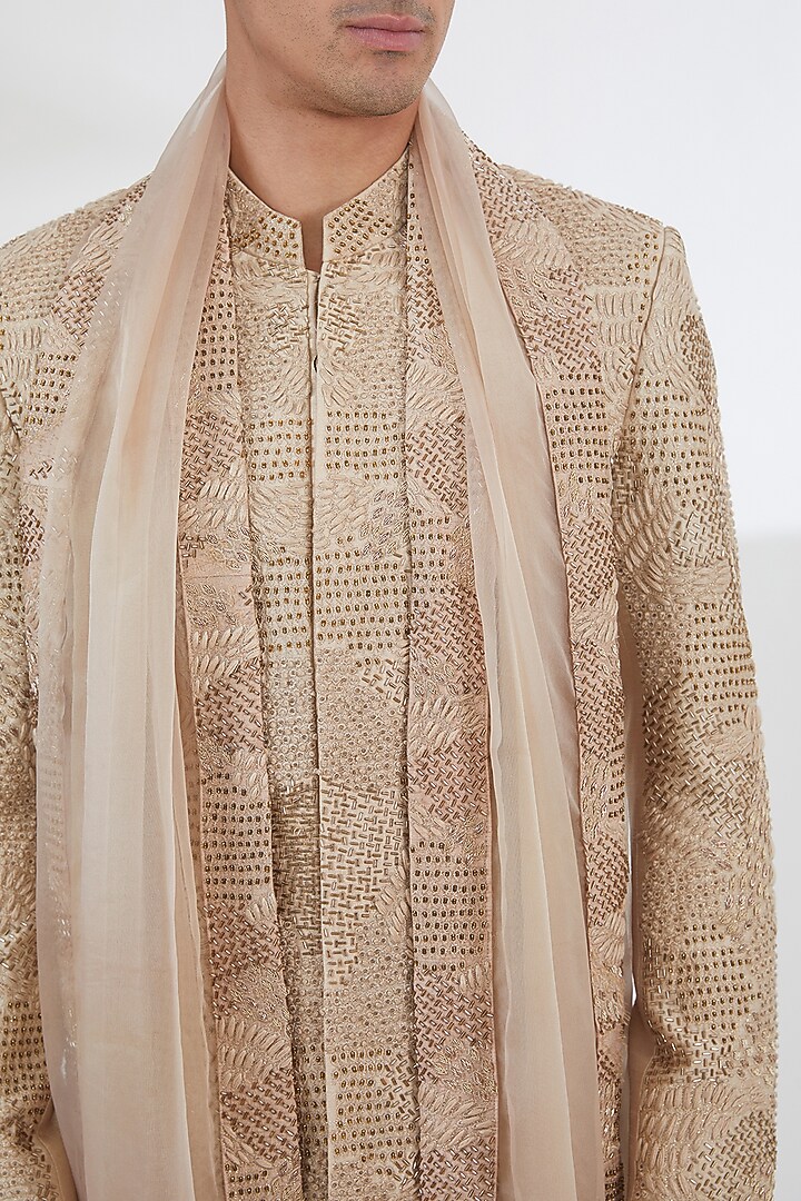 Beige Raw Silk Sequins & Resham Embroidered Groom Sherwani Set by Dev Kumar at Pernia's Pop Up Shop