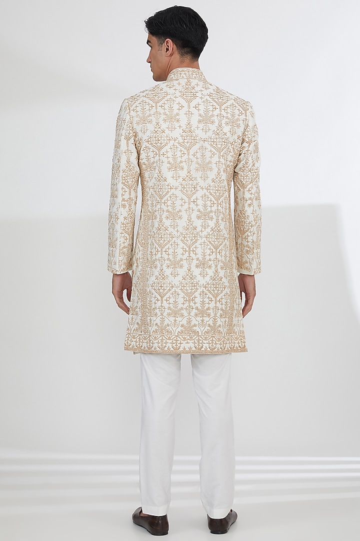 Light Gold Raw Silk Dabka & Cutdana Embroidered Groom Sherwani Set by Dev Kumar at Pernia's Pop Up Shop