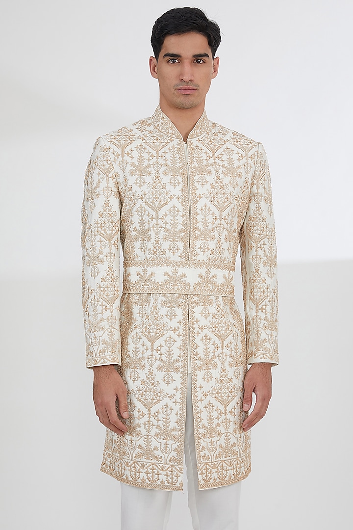 Light Gold Raw Silk Dabka & Cutdana Embroidered Groom Sherwani Set by Dev Kumar at Pernia's Pop Up Shop