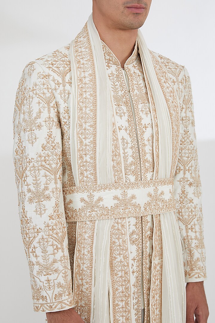 Light Gold Raw Silk Dabka & Cutdana Embroidered Groom Sherwani Set by Dev Kumar at Pernia's Pop Up Shop