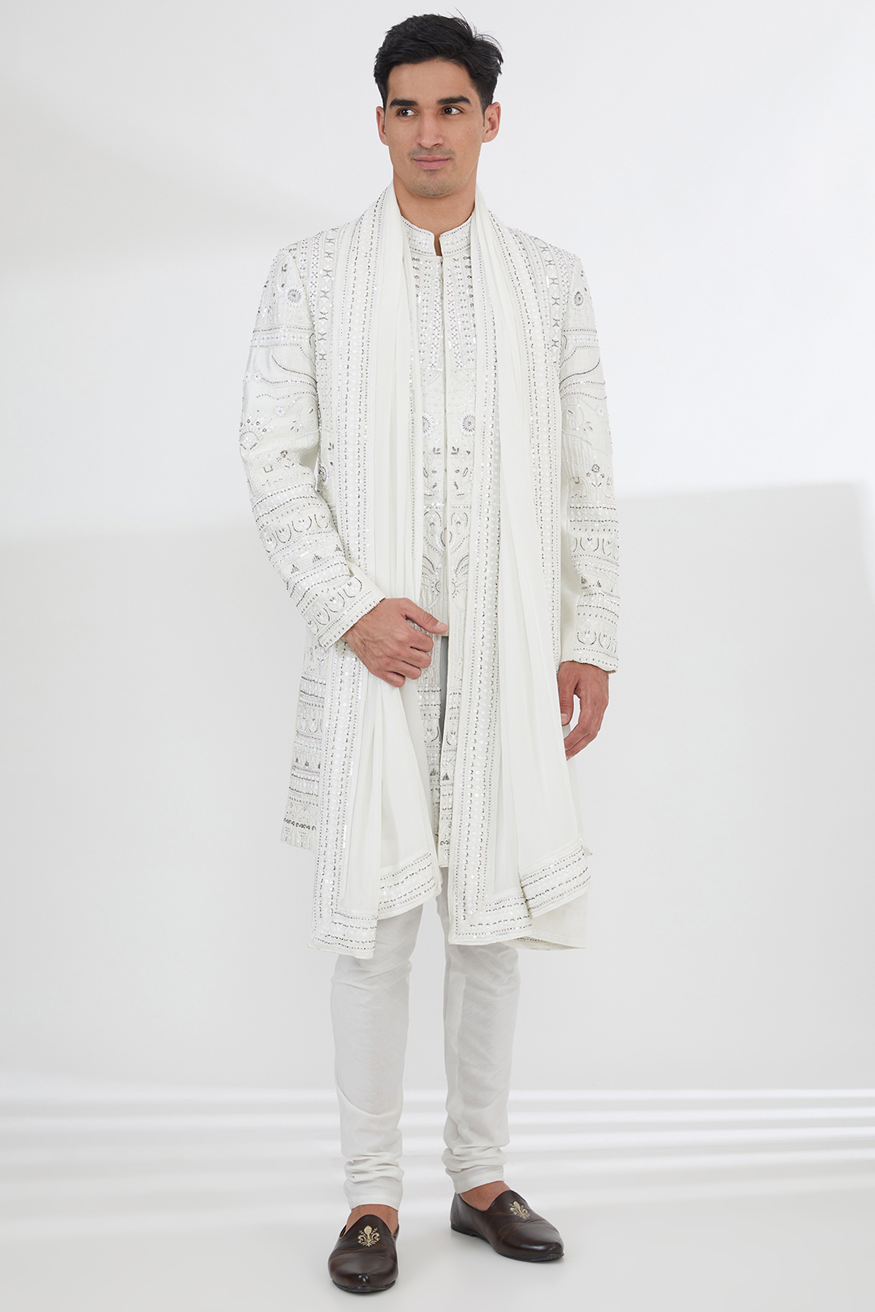 Ivory Raw Silk Pearl & Resham Embroidered Groom Sherwani Set by Dev Kumar at Pernia's Pop Up Shop