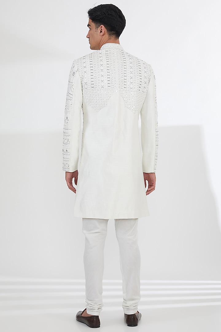 Ivory Raw Silk Pearl & Resham Embroidered Groom Sherwani Set by Dev Kumar at Pernia's Pop Up Shop