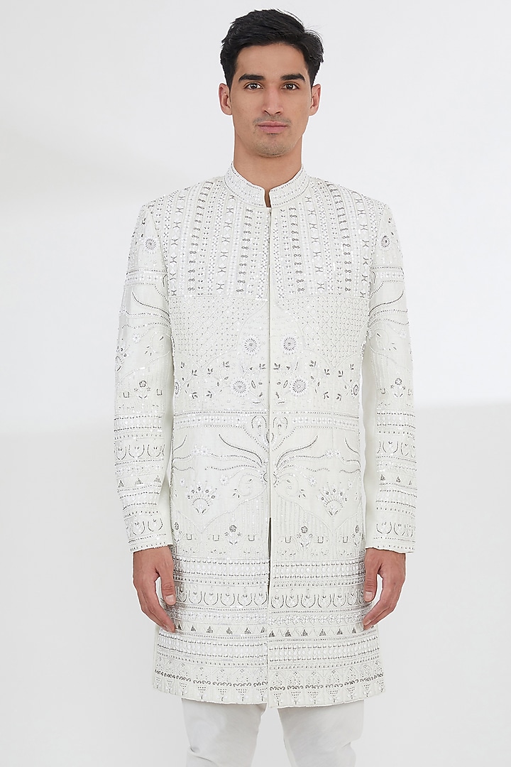 Ivory Raw Silk Pearl & Resham Embroidered Groom Sherwani Set by Dev Kumar at Pernia's Pop Up Shop