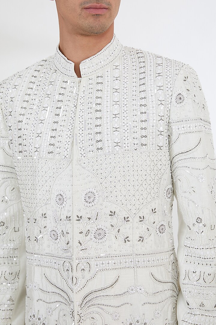 Ivory Raw Silk Pearl & Resham Embroidered Groom Sherwani Set by Dev Kumar at Pernia's Pop Up Shop