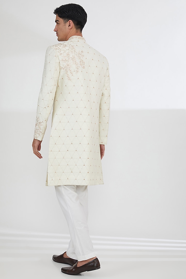 Ivory Raw Silk Sequins & Resham Embroidered Groom Sherwani Set by Dev Kumar at Pernia's Pop Up Shop