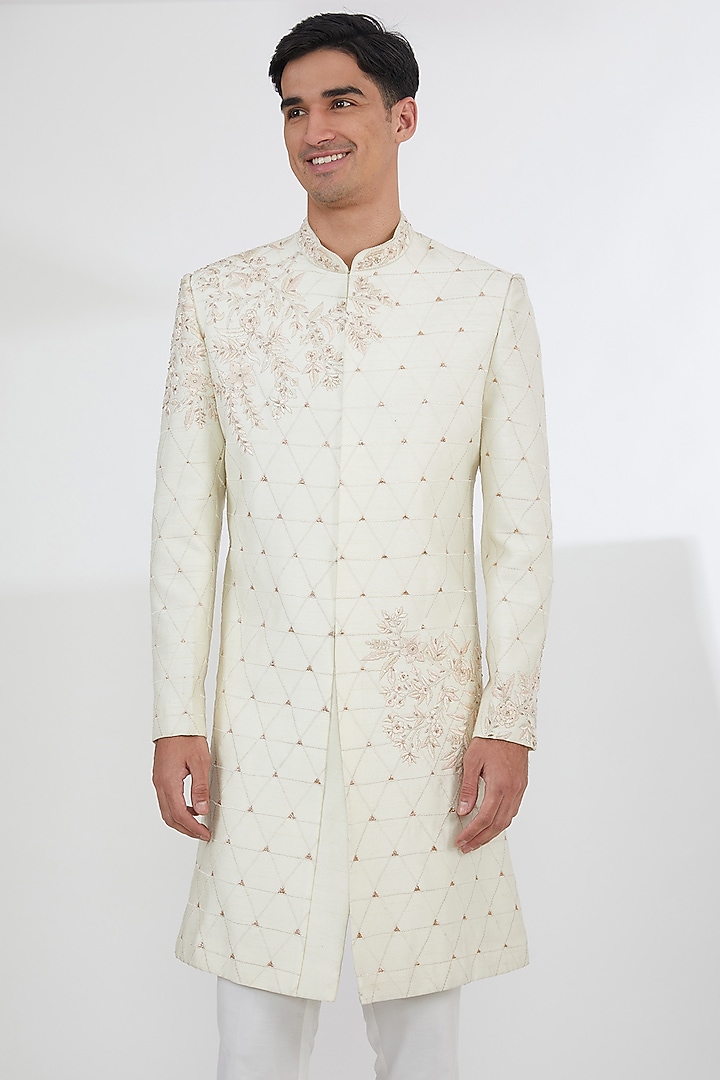 Ivory Raw Silk Sequins & Resham Embroidered Groom Sherwani Set by Dev Kumar at Pernia's Pop Up Shop