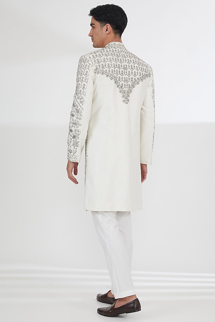 Ivory Raw Silk Pearl & Dabka Embroidered Groom Sherwani Set by Dev Kumar at Pernia's Pop Up Shop