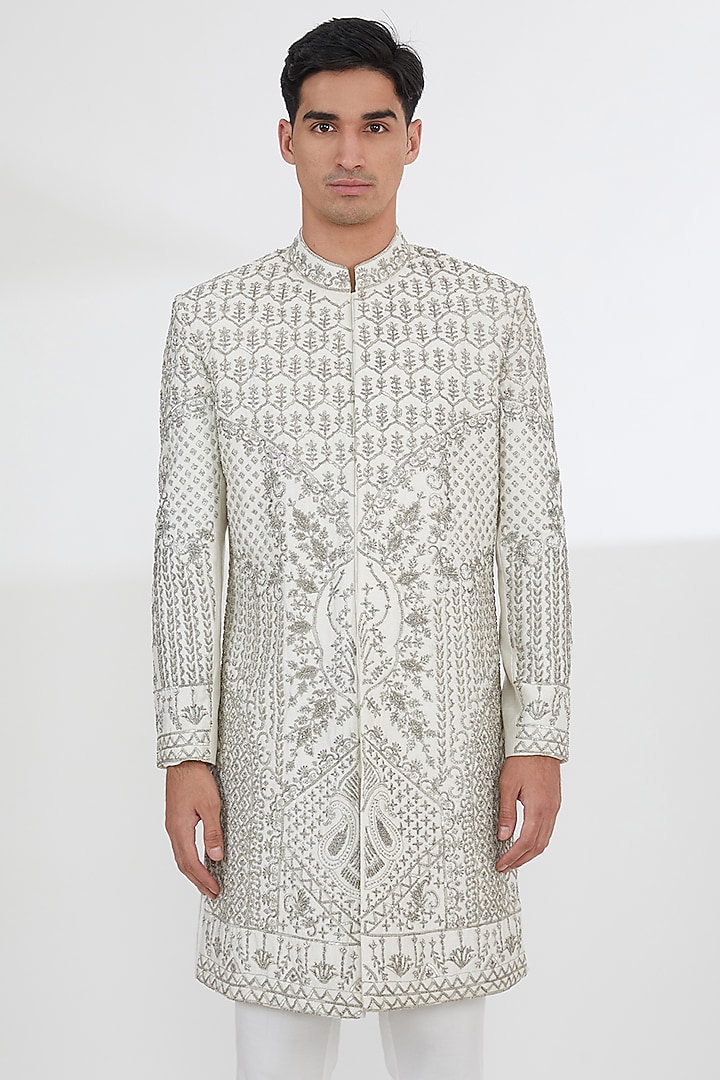 Ivory Raw Silk Pearl & Dabka Embroidered Groom Sherwani Set by Dev Kumar at Pernia's Pop Up Shop