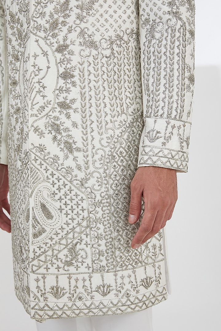 Ivory Raw Silk Pearl & Dabka Embroidered Groom Sherwani Set by Dev Kumar at Pernia's Pop Up Shop