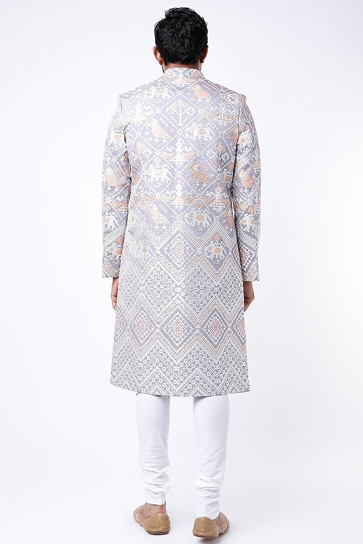 Grey Patola Embroidered Groom Sherwani by Dev R Nil Men at Pernia's Pop Up Shop