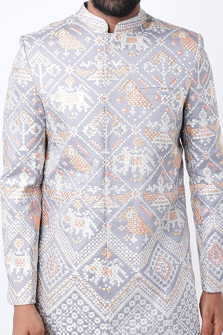 Grey Patola Embroidered Groom Sherwani by Dev R Nil Men at Pernia's Pop Up Shop