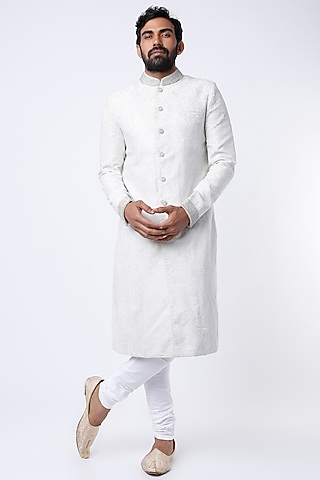 Silver Embroidered Sherwani by Dev R Nil Men