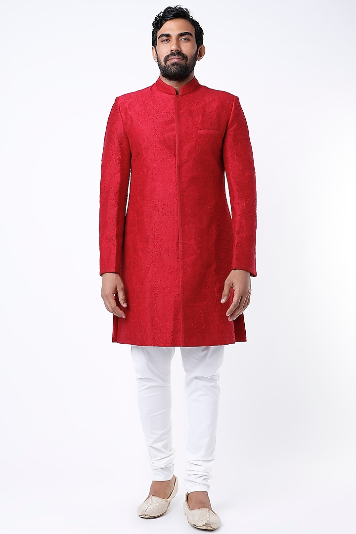 Red Embroidered Achkan Jacket by Dev R Nil Men