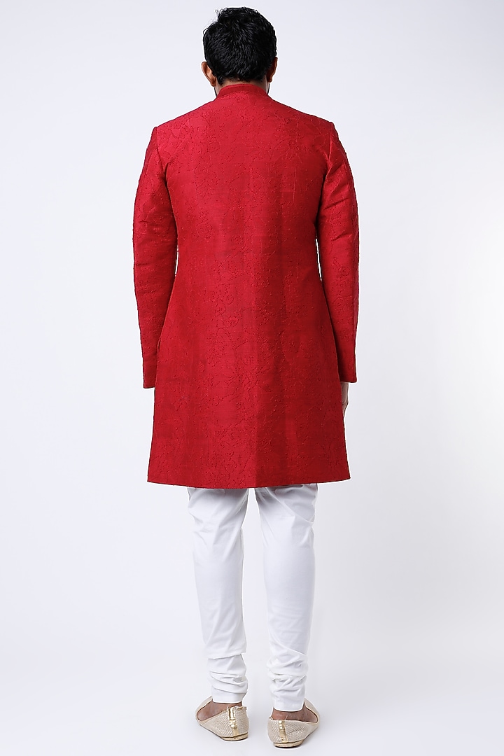 Red Embroidered Achkan Jacket by Dev R Nil Men at Pernia's Pop Up Shop