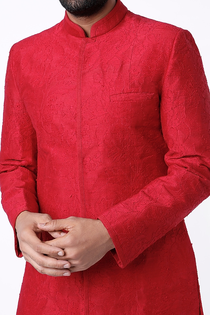 Red Embroidered Achkan Jacket by Dev R Nil Men at Pernia's Pop Up Shop