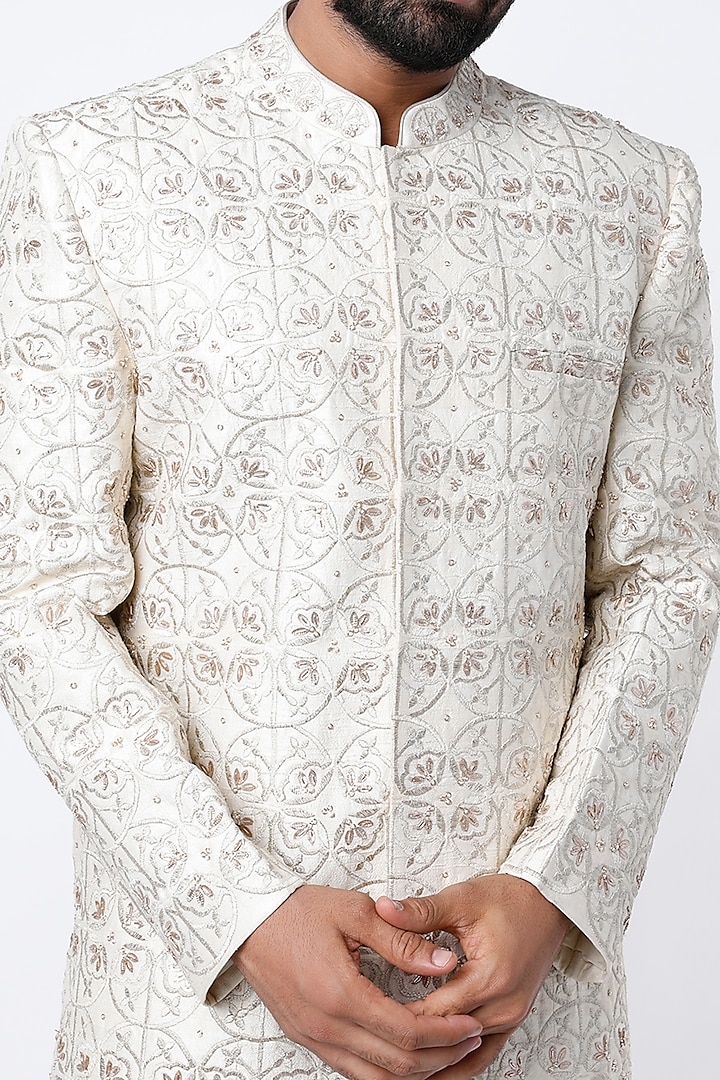 Beige Embroidered Groom Sherwani by Dev R Nil Men at Pernia's Pop Up Shop