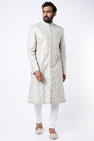 Off-White Dupion Silk Sherwani by Dev R Nil Men