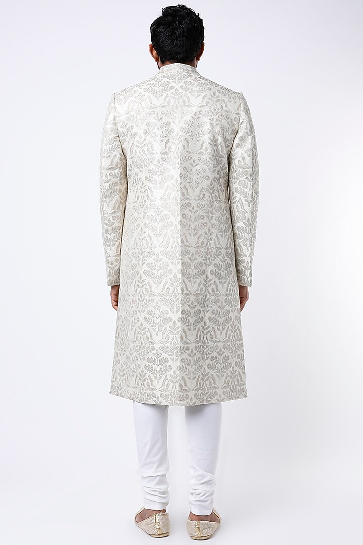 Off-White Dupion Silk Groom Sherwani by Dev R Nil Men at Pernia's Pop Up Shop